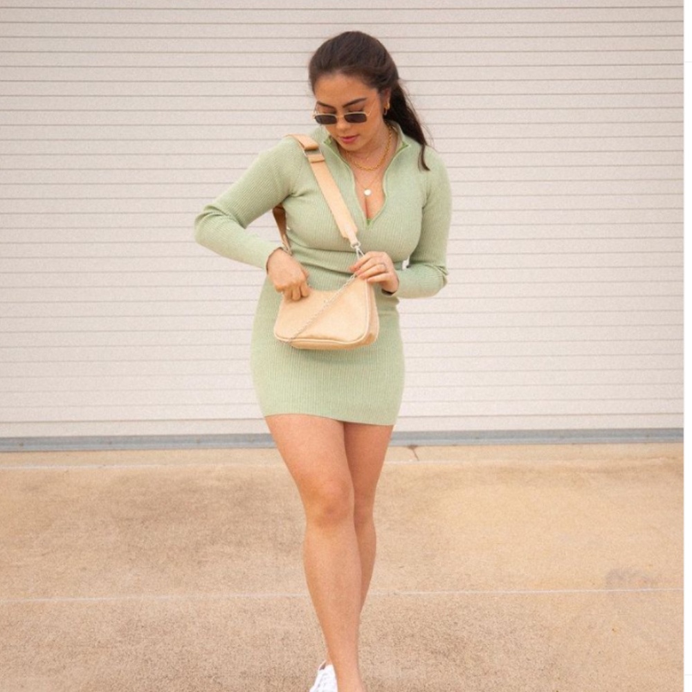 Green Quarter Zip Knit Mini Dress
